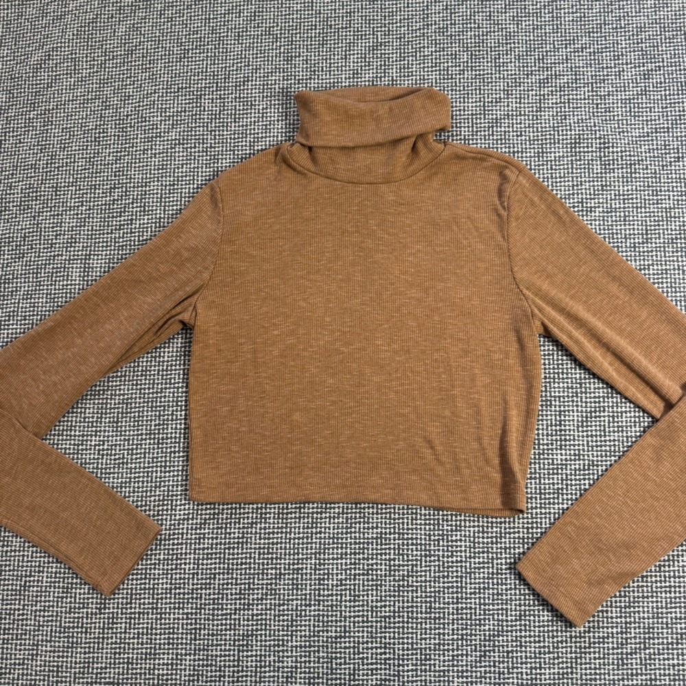 Altar'd State Womens Ribbed Cropped Turtleneck Top Brown Long Sleeve Medium